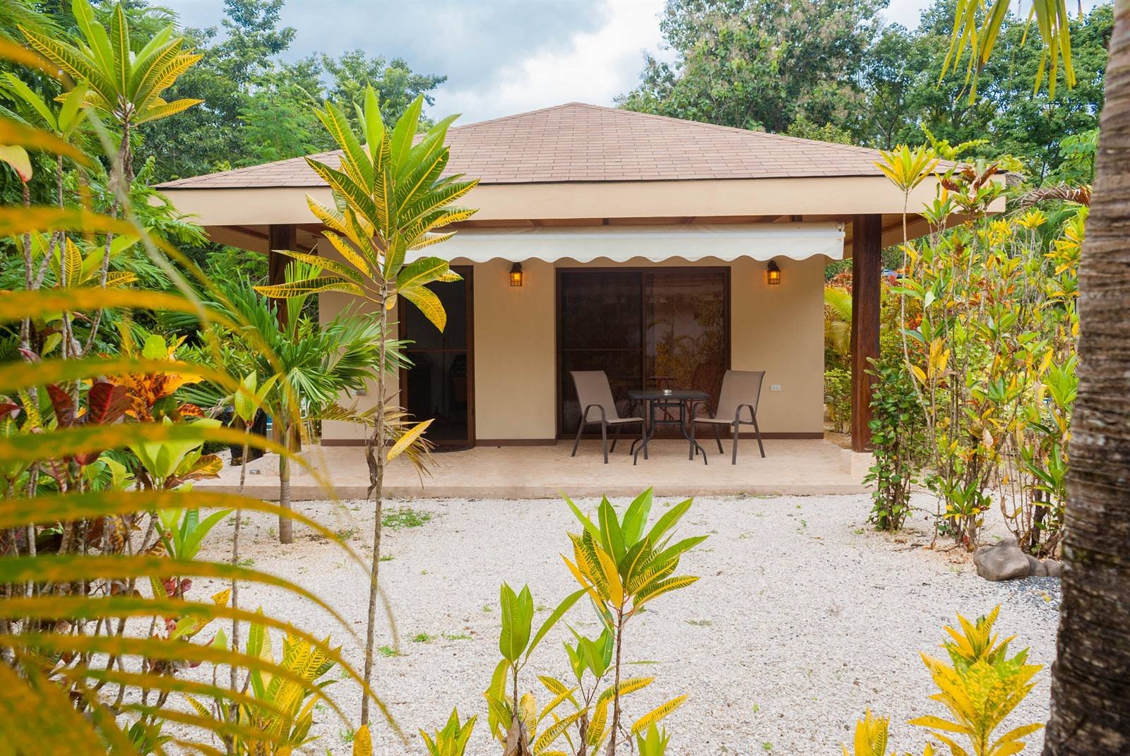 Covered outdoor terrace with a table and chairs among tropical plants