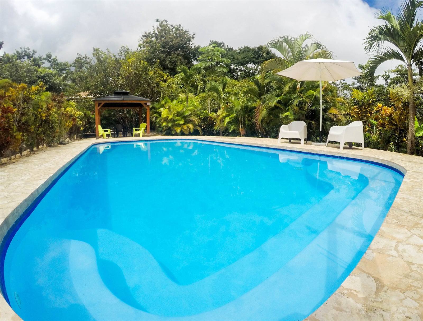 Rectangular pool with a blue edge and loungers